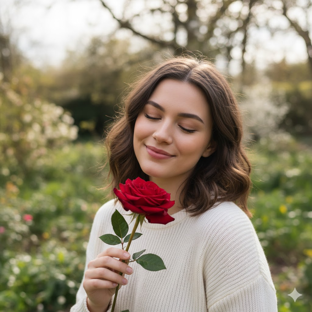 Happy girl holding a flower received for one dirham, representing love and small gestures in Dubai.